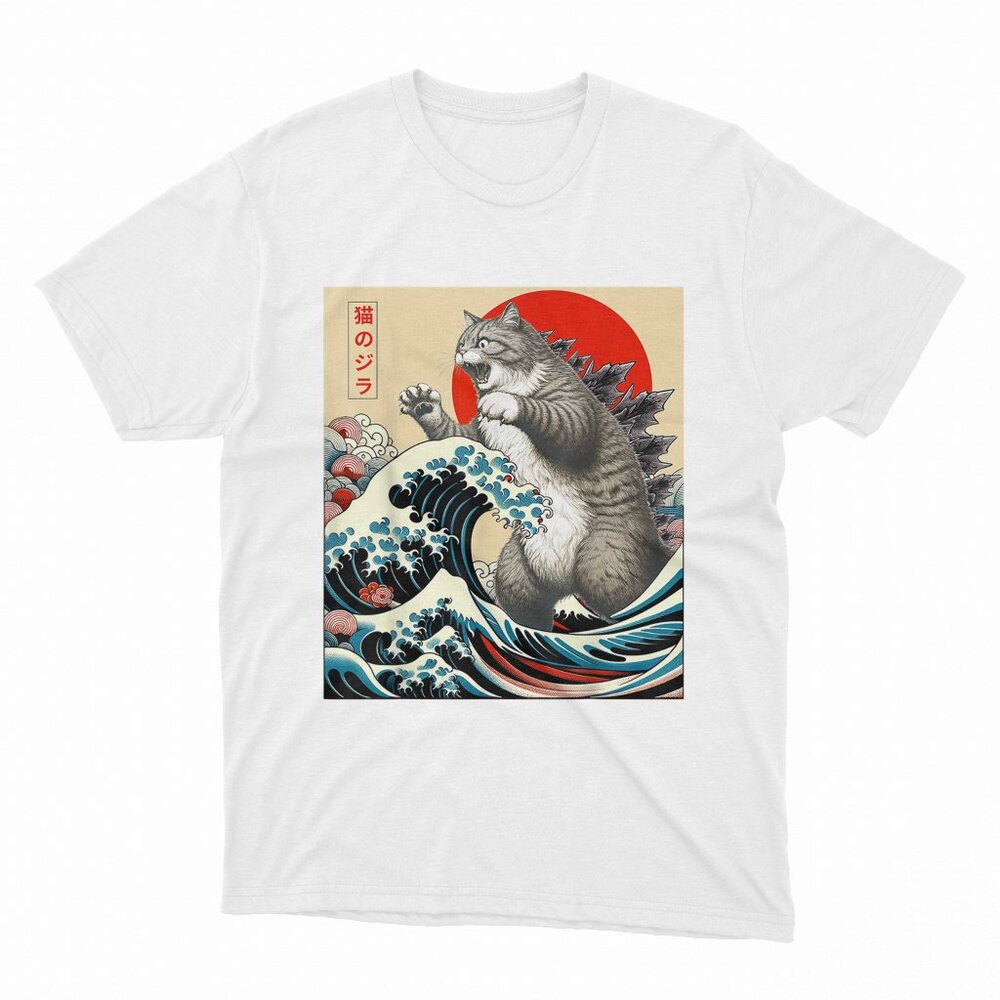 Catzilla Cat Japanese Art Funny Cat Gifts For Men Women Kid White T-Shir
